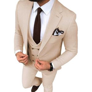 Beige bröllop tuxedos smal passform en knapp kostymer för män anpassade brudgummen kostym tre bitar prom formella manliga kostymer (jacka + byxor + väst) x0909