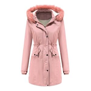 Winter Coat Women Pink Plus Storlek Lös avtagbar Fur Collar Hooded Parkas Mode Lägg till Velvet Top Warmth Jackor Feminina LR1007 210531