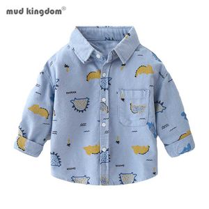 Mudkingdom Chłopcy Koszule Z Długim Rękawem Lapel Dzieci Odzież Jesień Cute Cartoon Dinozaur Drukuj ubrania 210615