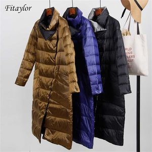 Fitaylor White Duck 다운 울트라 가벼운 자켓 여성 겨울 더블 양면 슬림 코트 싱글 브레스트 파크스 211216