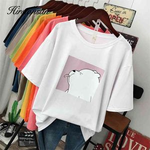 Hirsionsan Cute Bear Printed T Shirt Women Harajuku Korean Oversized 100% Cotton Summer Tees Ins Soft Female Jumper Top 210623
