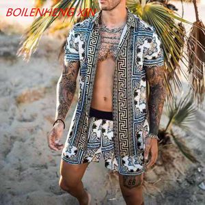 Nowi Mężczyźni Zestawy Hawajskie Drukowanie 2021 Lato Krótki rękaw Przycisk Koszula Spodenki Plażowe Streetwear Casual Mens Suit 2 Sztuk