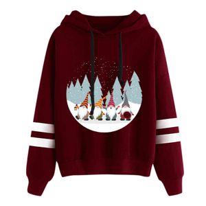 Women's Christmas Gnome Printed Long Sleeve Hooded Sweatshirt Top Y1118