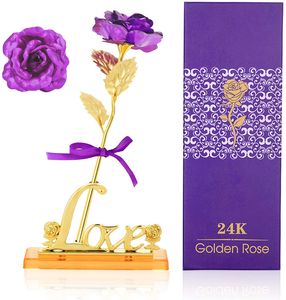 Artificial Rose Plastic Flower,, Purple Rose Flower Gift 24K Gold Rose with Gift Box on Sale