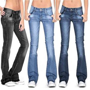 Verão Negro Calçaja Calças De Jeans Mulheres Casuais Vintage Skinny Low Cintura Bell Bottom Mom Coreano Y2K Denim Denim Calças Calças 210922