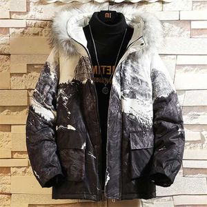 Ciepłe grube Mężczyźni Parka Kurtki Moda Drukuj Mężczyźni Zima Faux Futro Hood Coat Puffer Male Kurtki Snow Mountain Plus Rozmiar 5xl 211104