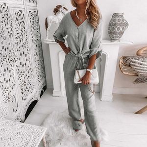 Kvinnor Elegant Två Piece Set Långärmad V Neck Shirt Toppar och High Waisted Drawstring Pants Suits Loungs Wear Ladies Tracksuit 210709