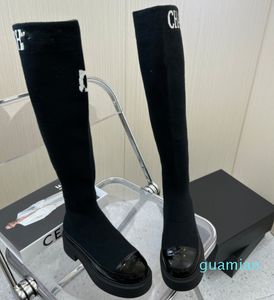 Sapatos lisos preto botas de tubo meio estiramento tricotar meias de couro temperamento de lãs outono e inverno botinhas de inverno sapato fábrica de alta qualidade 1472