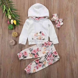 Bahar Sonbahar Bebek Kız Giysileri Setleri Pamuk Uzun Kollu T-Shirt + Çiçek Pantolon + Kafa 3 adet Toddler Çocuk Giyim 210611