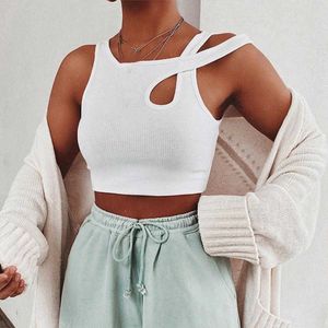 Kobiety Seksowny Nieregularny Pasek Ramowy Crop Top Lato Hollow Out Bez Rękawów White Slim Vest Kamizelka Koszulka Koszulka Klubowa Club Street Y0824