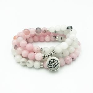 Meditative 108 Mala Yoga Jewelry 8mm Black Link J-ade & Cherry blossom Stone Necklace or Bracelets 108 OM Bracelet For Women Gift