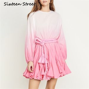 春のグラデーションピンク色のドレスヴォンナランタンノースリーブwhen bletシックなファッションボーミニドレス女性ファッション秋210603