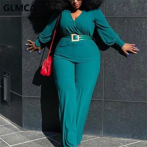 Plus Size Women Lantern Manga V Pescoço Jumpsuit Casual Elegante OL Macacões 211119