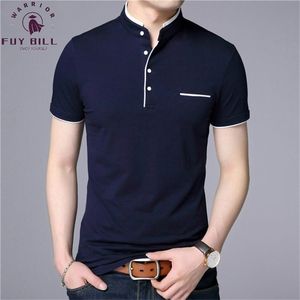 Fuybill Mandarin Collar z krótkim rękawem koszulki mężczyźni wiosna lato styl top odzież marki Slim Fit bawełniane koszulki 210716