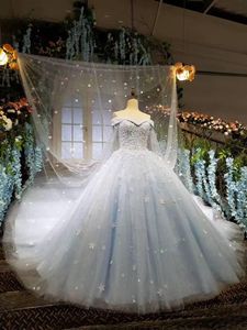 2021 Custom Made Cinderella Ball Gown Bröllopsklänningar Lätt himmel Blå 3D Applique Princess Bridal-klänningar med långt Wraps Sött bröllopslitage