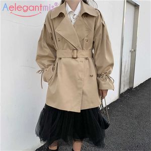 AELEGANTMIS Causal Vintage Płaszcz Trencz Dla Kobiet Sashes Drawsrting Kawaii Koreański Żeński Płaszcze Pas Winbreaker Chic 210607
