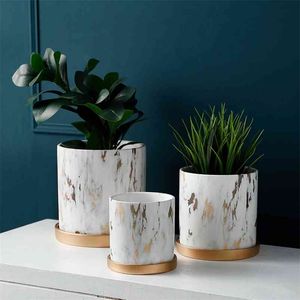 Aspetto marmorizzato Vaso da fiori in ceramica Fioriera per piante grasse Vaso per piante verdi Vaso da fiori di forma cilindrica con foro Vassoio dorato 210922