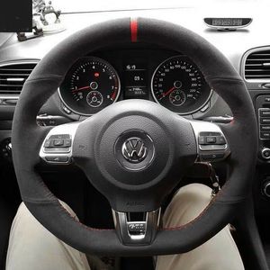 All Black Suede Leather Steering Wheel Red Stitch on Wrap Cover Fit For Volkswagen Golf 6 GTI MK6 / Polo GTI / Scirocco R