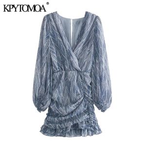 KPYTOMOA Kvinnor Chic Fashion Animal Print Asymmetric Draped Mini Dress Vintage Långärmad Ruffled Kvinna Klänningar Mujer 210806