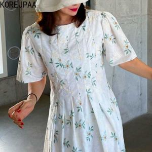 Korejpaa Mulheres Vestido Coréia Chic Verão Francês Retro O-pescoço Pesado Pressão Pesada Plissing Projeto Cintura Floral Manga Curta Vestido 210526