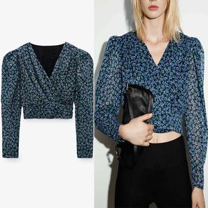 Za Floral Print Crop Bluzka Kobiety Z Długim Rękawem V-Neck Wrap Top Samica Vintage Smocked Front Button Moda Krótka koszula 210602