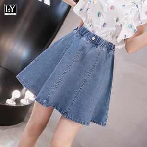 LY VAREY LIN Spring Summer Women Casual A Line Denim Skirts Fashion Elastic Waist Slim Mini Lady 210526