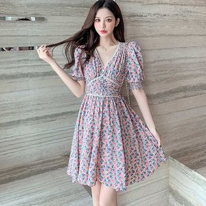 Women Floral Print French Style Summer Dress Puff Short Sleeve Lace Trim Ladies Vestidos 210529