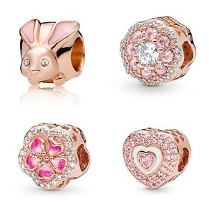 100 Sterling Silver Cute Rose Gold Rabbit Charm Fit Pandora Armband Shinny Flower Heart Gift Beads voor DIY Sieraden Maken Q0531