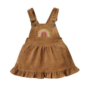 Toddler Girls Clothes Dress Corduroy Round Collar Sleeveless Rainbow Printing Dress Cute Kids Girl Clothing Sundress Q0716