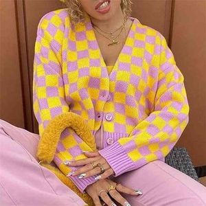 Women's Sweater Cardigan Knitted V-neck Argyle Long Sleeve Single Breasted Short Sweaters Female Autumn Winter Sweet Cardigans 210922