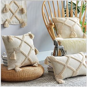 Beige Linen Cotton Cushion Cover 30x50cm 45x45cm Tassels Embroidery Pillow Cover Home Decor Sofa PillowCase Pillow Sham 210315257a