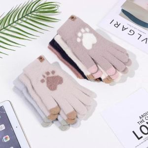 Five Fingers Gloves Autumn And Winter Cat Pattern Split Finger Cold-Proof Outdoor Full-Finger Touch Screen Fleece Mittens