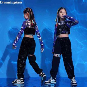 Girls Camouflage Crop Top Sequin Camisole Hip Hop Sweatshirt Jogger Clothes Set Kids Street Dance Pants Wear Child Stage Costume Y220310