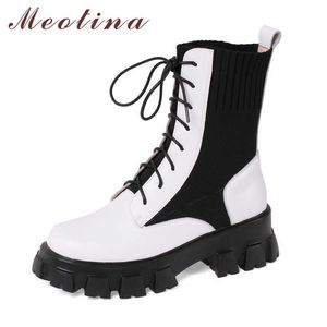 Meotina Real Leather Motorcycle Boots Women Shoes Lace Up Chunky Heels Mid Calf Boots Platform High Heel Female Boots White 39 210608