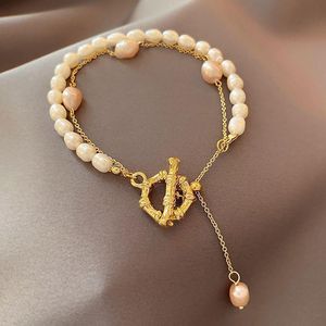 Wholesale pearl bracelets for women resale online - Beaded Strands Freshwater Pearl Bracelet Real Gold Plating Fashion T shaped Buckle Double Temperament Bangles For Women