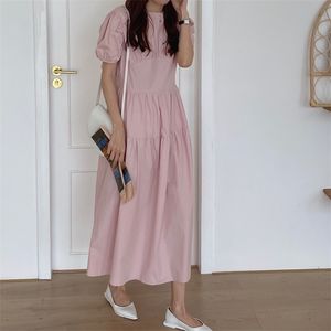 Pink Maxi платье корейские дамы сексуальный с коротким рукавом летом каскал свободно плюс размер платья для женщин 210602