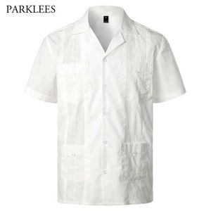 Broderi Floral Patchwork Shirts för män Casual Multi-Pocket Mens Kortärmad tröja Kubansk Camp Guayabera Etniska Män Kläder 210310