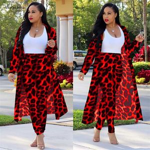 Waterarea S-4XL Women Two Piece Set Sheath Long Pants And Sleeve Maxi Coats Leopard Print Suit DM135 211105