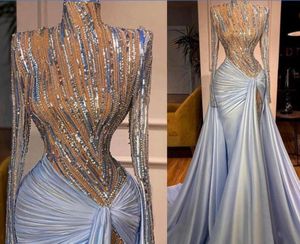 Yousef aljasmi Abiti da sera a sirena con perline con strascico staccabile Collo alto maniche lunghe Abito da ballo in cristallo Abiti da festa formali Custom Made Robe de mari￩e