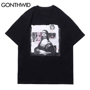 Gonthwid Tees Camiseta Streetwear Engraçado Grafiti Mona Lisa Manga Curta T-shirts Hip Hop Harajuku Casual Algodão T-shirt Mens Tops C0315