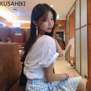 Korean Sexy Twisted Backless Tshirt Causal Short Sleeve O-neck Graphic Tees Women Solid T Shirts 6F223 210603