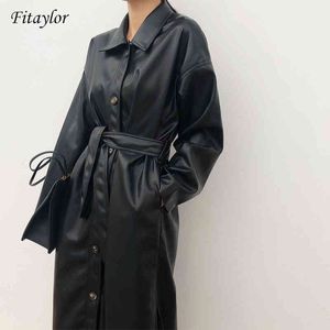 Fitaylor PUレザーロングジャケット春の女性の緩いベルトのフェイクウインドブレーカートレンチコートスリム