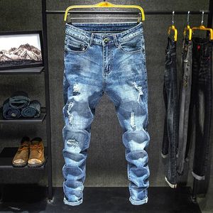 Erkek Kot Sonbahar Açık Mavi Yıkanmış Streç Slim Fit Kovboy Pantolon Delikli Gençlik Erkek Moda Rahat Düz Denim Pantolon