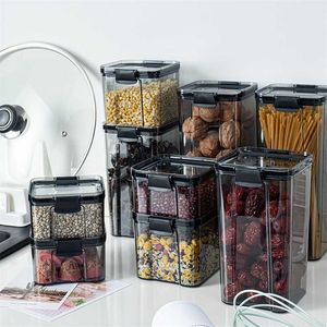 2 / 4pcs husdjur plast matbehållare set transparent stapelbar torr stor matförvaringslåda flaska kök spaghetti nudlar förseglade 211110