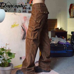 Rapcopter Y2K Brązowe Spodnie Cargo Corduroy Kieszenie Przycisk Low Paisted Spodnie Retro Baggy Harajuku Casual Spodnie Damskie Jesień Y211115