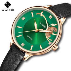 Wwoor Designer Women Watches Top Brand Luxury Diamond Ladies Klänning Klocka Kvinnor Mode Grön Kvinna Läder Reloj Mujer 210527
