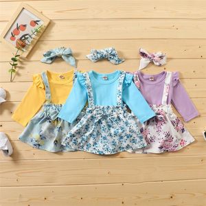 Kläder Satser Toddler Baby Girls 3 st Kjolar Outfits, Långärmad Skjorta Top + Suspender Floral Tryckt kjol Bowknot Headband Spring Autumn