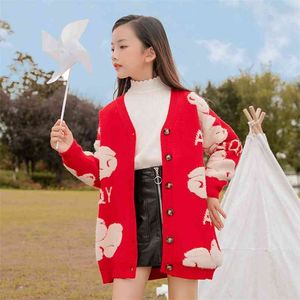 Herbst Kinder Strickjacke Koreanischer Stil Gestrickte Pullover für Kinder Mädchen Kleinkind Baby Cartoon Bär Mäntel Rot / Schwarz Farbe 210622