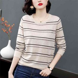 Women stripe Knit Jumper Women casual Sweater Spring Autumn Soft Stretch OL tops Knit Pullover Knitwear large size S-3XL 210805