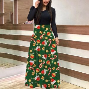 Casual Dresses Women Christmas Dress Autumn Long Sleeve Patchwork Loose Maxi Fashion Letter Snowflake Printed Boho Vestidos